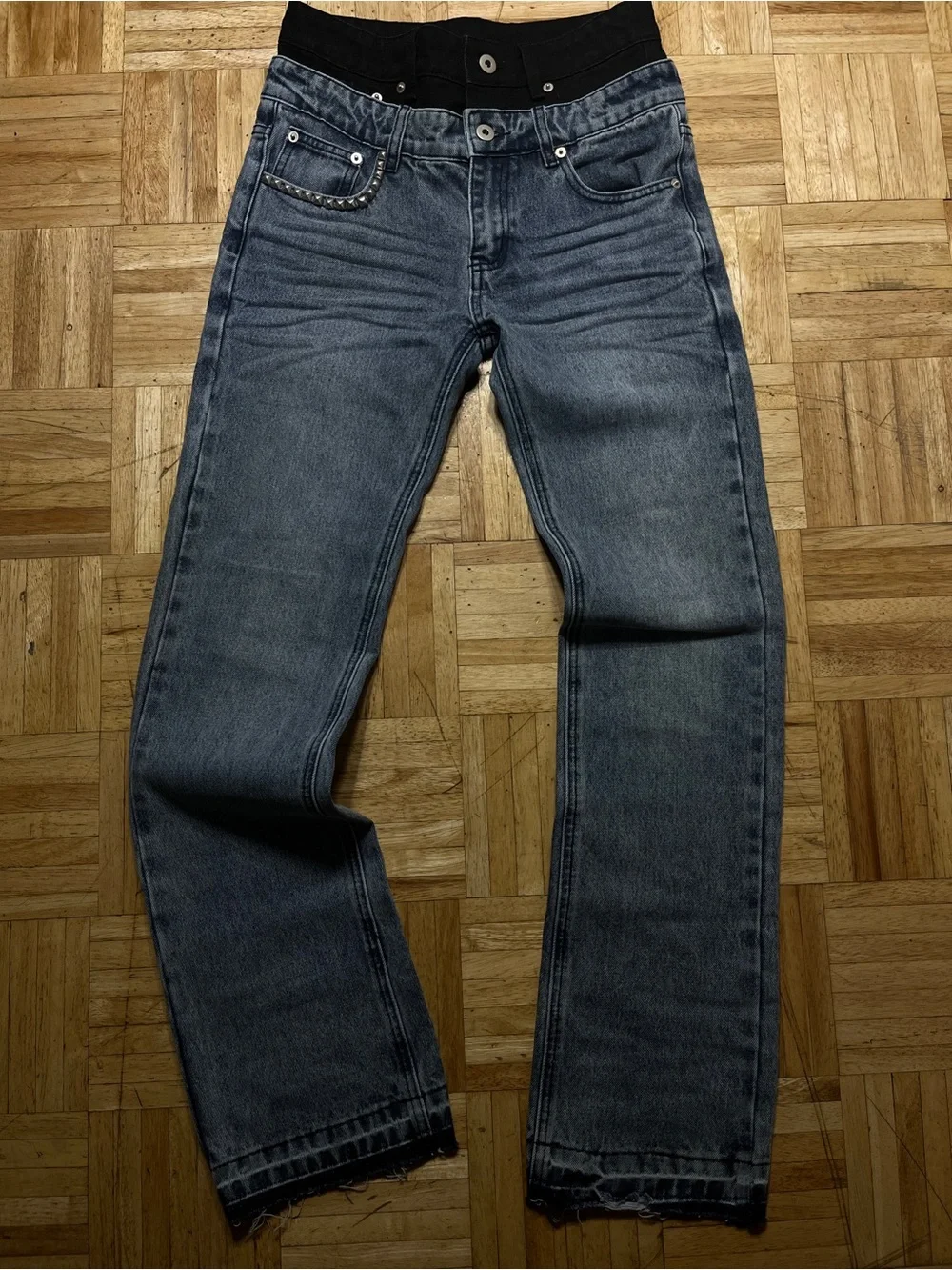 Men's Washed Blue Jeans with Black Denim Waistband